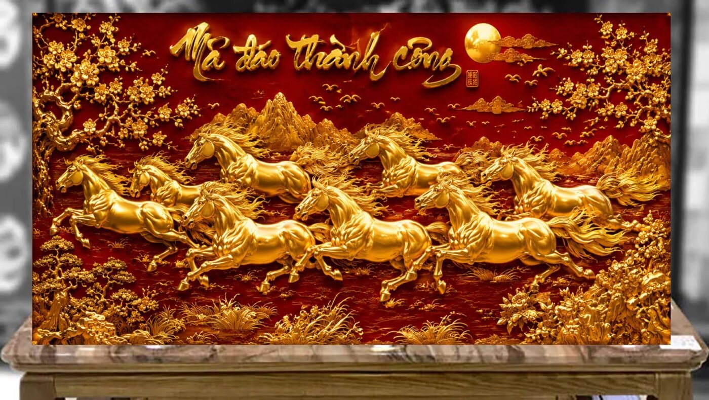 Tranh tặng tân gia khai trương Tranh sơn mài mã đáo thành công -A24